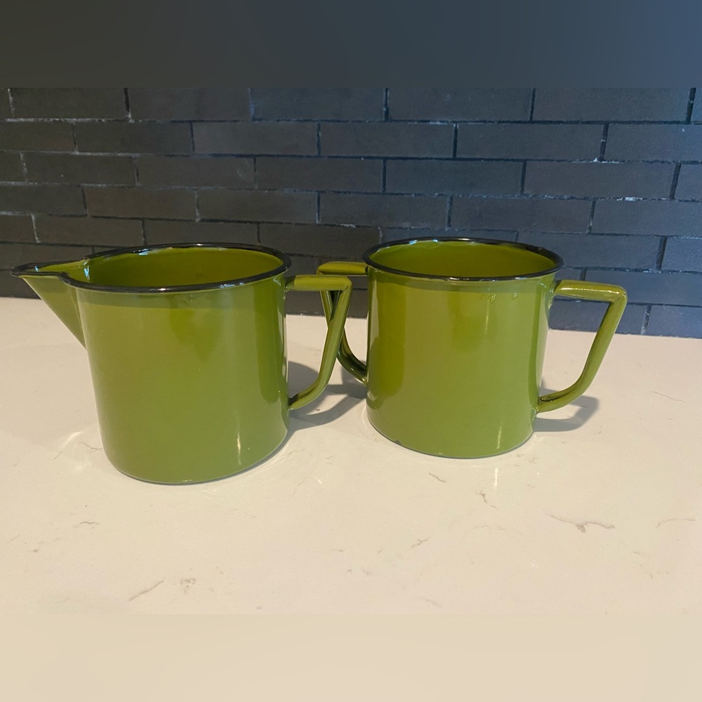 Vintage Olive Green Enamel Sugar and Creamer Set 3.5” Tall